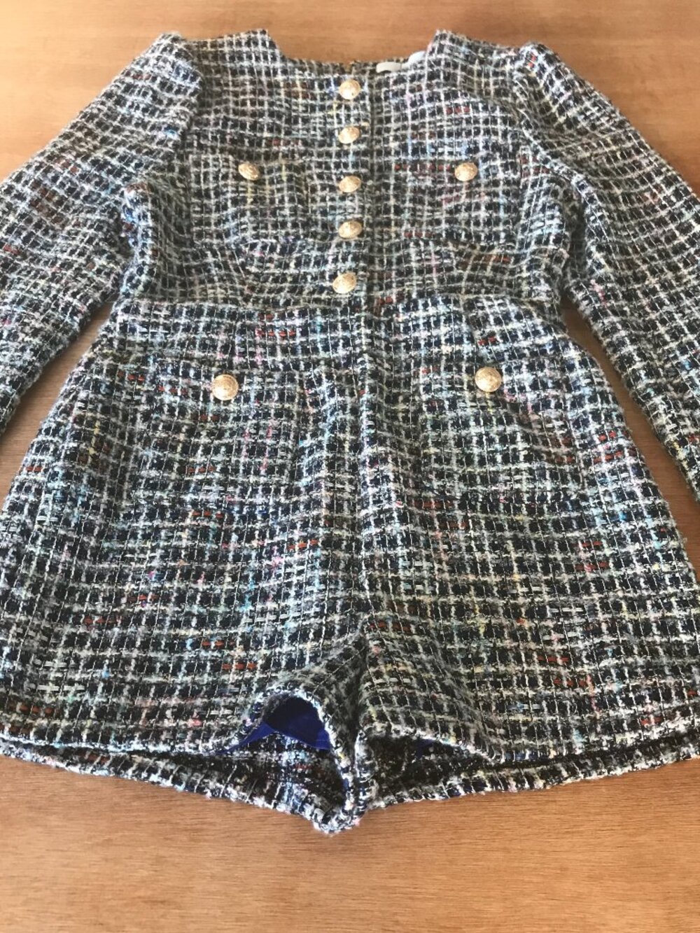 Endless Blu Tweed Romper Women L Black Plaid High Rise Pocket Long Sleeve 20158